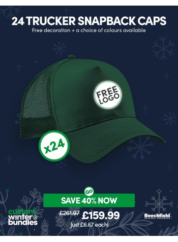 A bundle containing 24 x Snapback Trucker Baseball Caps with FREE Logo & FREE DELIVERY included.