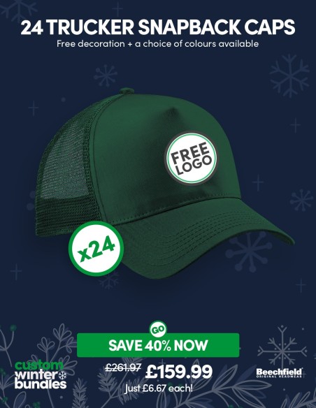 Bundle: 24 x Snapback Trucker Baseball Cap with FREE Logo