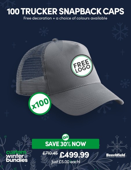 Bundle: 100 x Snapback Trucker Baseball Cap with FREE Logo