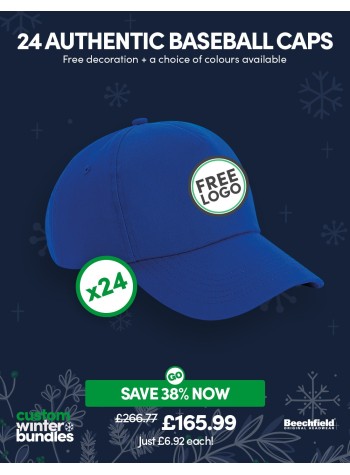 A bundle containing 24 x Authentic 5-panel Baseball Caps with FREE Logo & FREE DELIVERY included.