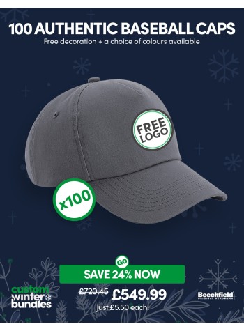 A bundle containing 100 x Authentic 5-panel Baseball Caps with FREE Logo & FREE DELIVERY included.