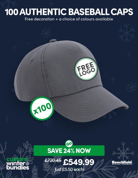 Bundle: 100 x Authentic Panel Baseball Cap with FREE Logo