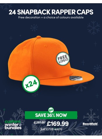 A bundle containing 24 x 5-panel Snapback Rapper Caps with FREE Logo & FREE DELIVERY included.