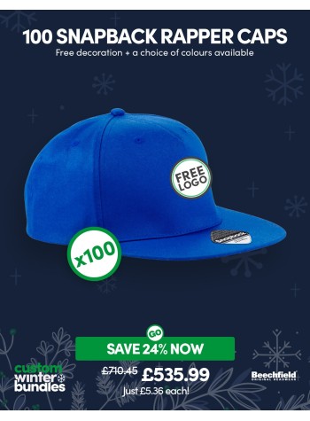 A bundle containing 100 x 5-panel Snapback Rapper Caps with FREE Logo & FREE DELIVERY included.