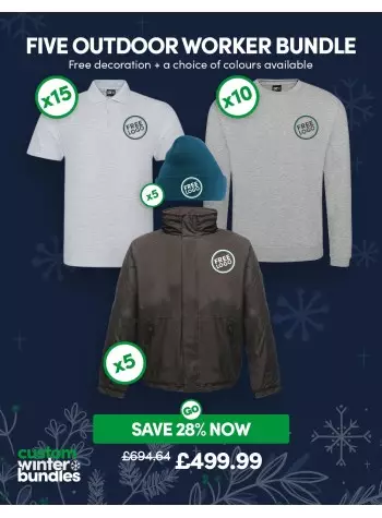 An amazing value 5x Cold Weather Bundle of our best selling workwear with FREE CUSTOMISATION and FREE DELIVERY included.