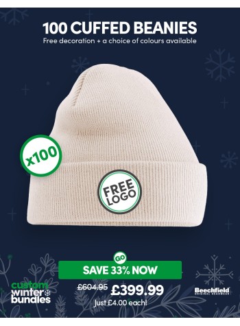 A bundle containing 100 of our best-selling Cuffed Beanies with FREE EMBROIDERY