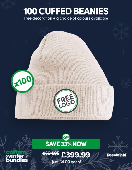 GoCustom Pack: 100 x Cuffed Beanie with FREE logo