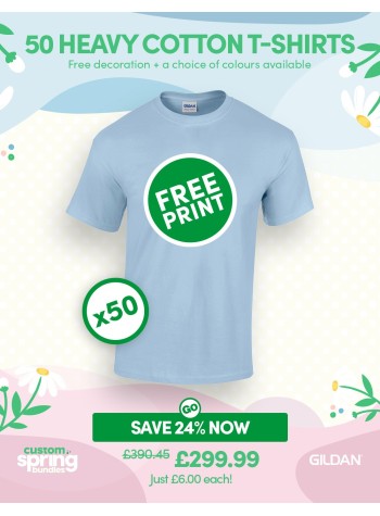 50 of our best selling Heavy Cotton T-shirts with FREE PRINTING and FREE DELIVERY included.