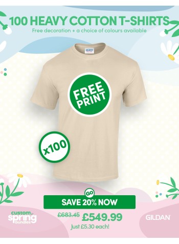 100 of our best selling Heavy Cotton T-shirts with FREE PRINTING and FREE DELIVERY included.