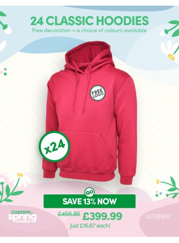 24 of our best selling Classic Hoodies with FREE LOGO and FREE DELIVERY included.