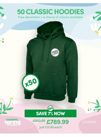 50 of our best selling Classic Hoodies with FREE LOGO and FREE DELIVERY included.