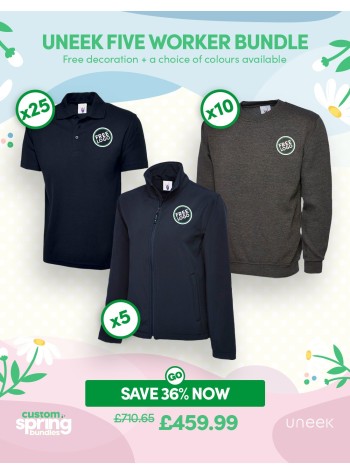 An amazing value Five worker bundle of our best selling workwear with FREE CUSTOMISATION and FREE DELIVERY included.
