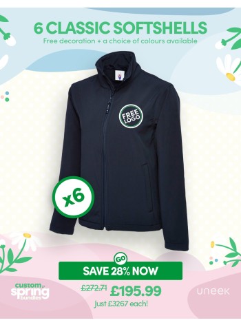 6 of our best selling Classic Softshell Jackets with FREE LOGO and FREE DELIVERY included.
