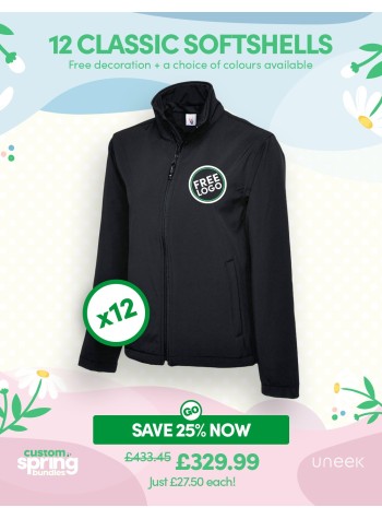 12 of our best selling Classic Softshell Jackets with FREE LOGO and FREE DELIVERY included.