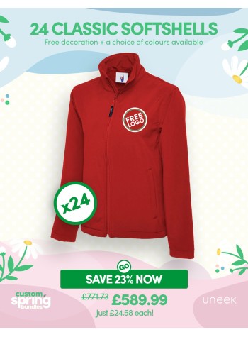 24 of our best selling Classic Softshell Jackets with FREE LOGO and FREE DELIVERY included.