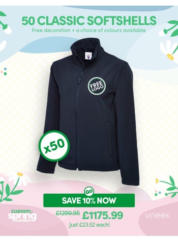 50 of our best selling Classic Softshell Jackets with FREE LOGO and FREE DELIVERY included.