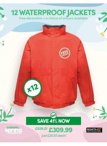 This GoCustom Pack is a bundle containing 12 of our best-selling Regatta Dover Waterproof Jackets with FREE LOGO
