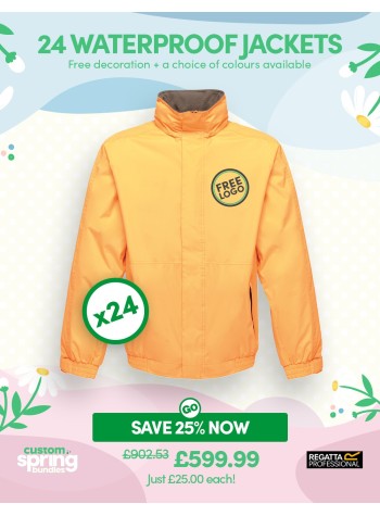 This GoCustom Pack is a bundle containing 24 of our best-selling Regatta Dover Waterproof Jackets with FREE LOGO