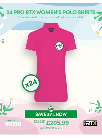 24 of our best selling durable Women's Polo Shirts with FREE LOGO and FREE DELIVERY included.