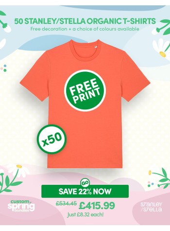 A bundle containing 50 of our best selling Stanley/Stella Organic T-shirts with FREE PRINTING and FREE DELIVERY included.