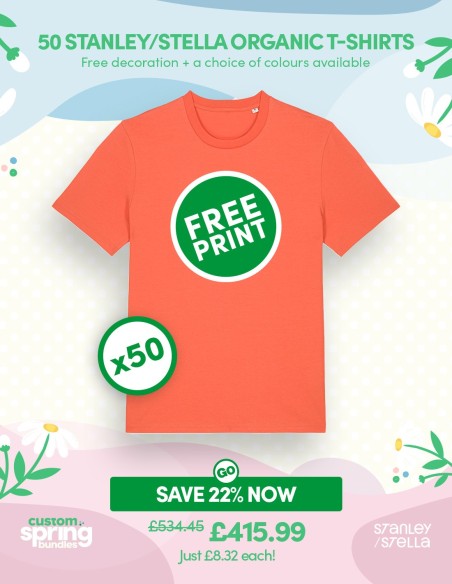 Bundle: 50 Stanley/Stella Organic T-Shirts with Free Printing