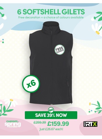 6 of our best selling Softshell Gilets with FREE EMBROIDERED LOGO and FREE DELIVERY included.