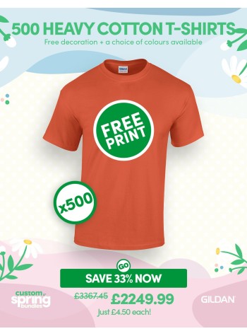 A bundle containing 500 of our best selling Heavy Cotton T-shirts with FREE PRINTING