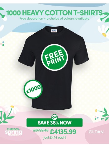A bundle containing 1000 of our best selling Heavy Cotton T-shirts with FREE PRINTING