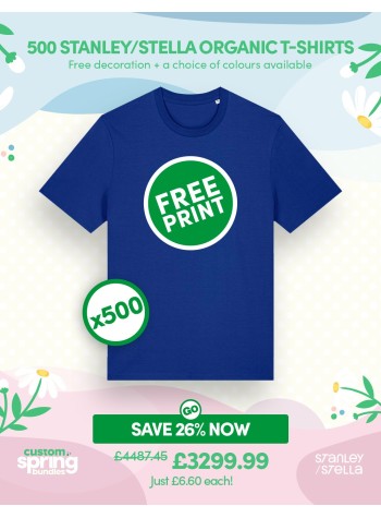 500 of our best-selling Stanley/Stella Organic T-shirts with FREE PRINTING and FREE DELIVERY included.