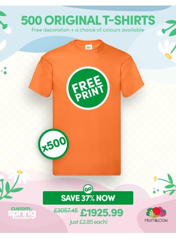A bundle containing 500 of our best-value Fruit Of The Loom T-shirts with FREE PRINTING