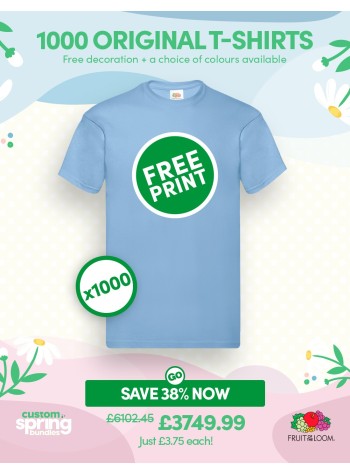 A bundle containing 1000 of our best-value Fruit Of The Loom T-shirts with FREE PRINTING