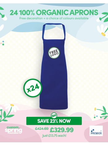 A bundle containing 24 sustainable 100% organic cotton aprons with FREE LOGO and FREE DELIVERY included.
