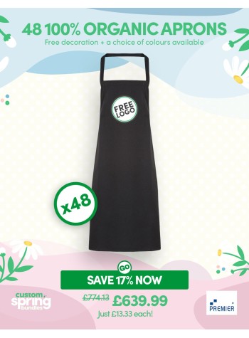 A bundle containing 48 sustainable 100% organic cotton aprons with FREE LOGO and FREE DELIVERY included.
