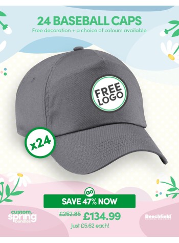 A bundle containing 24 Durable 5-Panel Baseball Caps with FREE LOGO