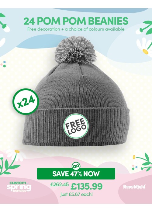 Bundle: 24 x Pom Pom Beanies with FREE Logo