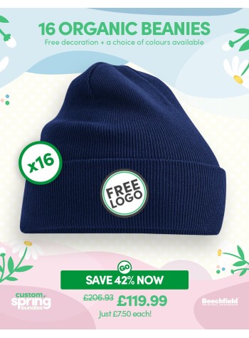 A bundle containing 16 of our best-selling Organic Cuffed Beanies with FREE EMBROIDERY and FREE DELIVERY included.