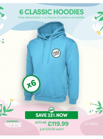 6 of our best-selling Classic Hoodies with FREE LOGO included.