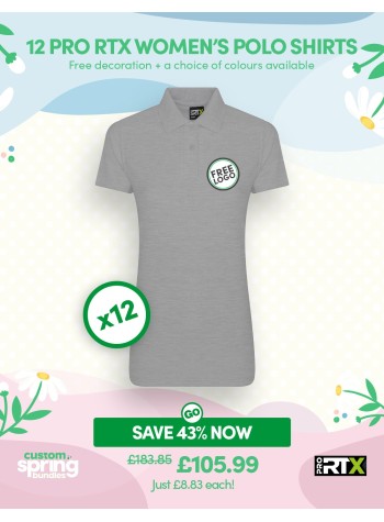 12 of our best-selling durable Women's Polo Shirts with FREE LOGO and FREE DELIVERY included.