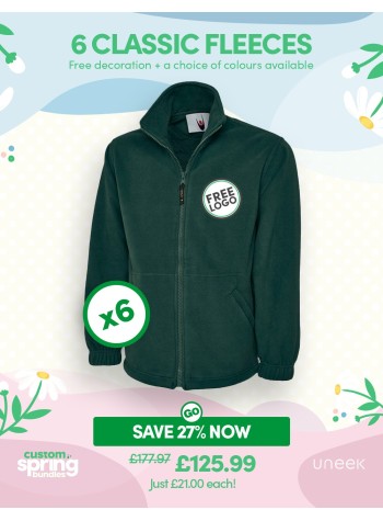 6 of our best-selling Classic Full Zip Fleece Jackets with FREE LOGO and FREE DELIVERY included.