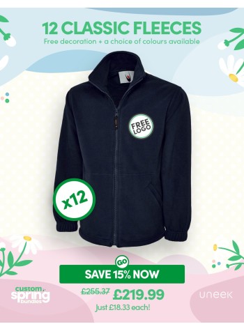 12 of our best-selling Classic Full Zip Fleece Jackets with FREE LOGO and FREE DELIVERY included.