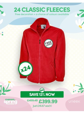 24 of our best-selling Classic Full Zip Fleece Jackets with FREE LOGO and FREE DELIVERY included.