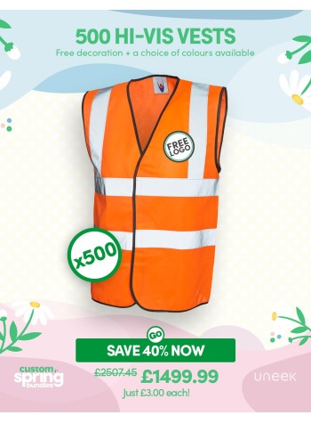 500 of our best-selling Hi-Vis Waistcoats with FREE LOGO PRINTING and FREE DELIVERY included.