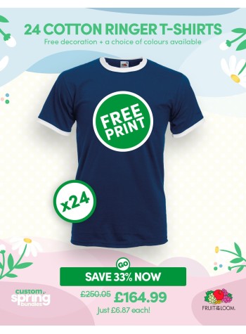 A bundle containing 24 Fruit Of The Loom Ringer T-shirts with FREE PRINTING and FREE DELIVERY included.