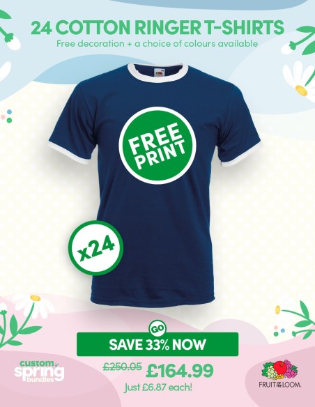 Bundle: 24 x Cotton Ringer T-Shirts with Free Printing