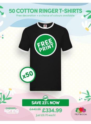 A bundle containing 50 Fruit Of The Loom Ringer T-shirts with FREE PRINTING and FREE DELIVERY included.