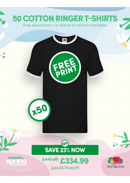 Bundle: 50 x Cotton Ringer T-Shirts with Free...