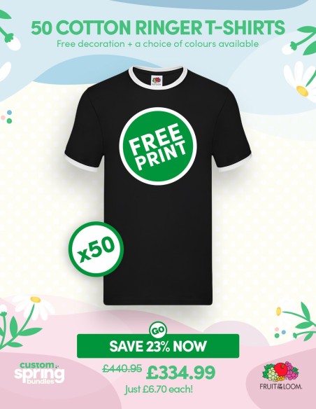 Bundle: 50 x Cotton Ringer T-Shirts with Free Printing