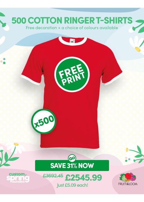Bundle: 500 x Cotton Ringer T-Shirts with Free...