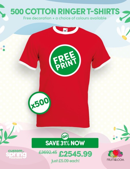 Bundle: 500 x Cotton Ringer T-Shirts with Free Printing
