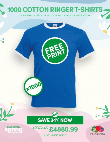 Bundle: 1000 x Cotton Ringer T-Shirts with Free Printing